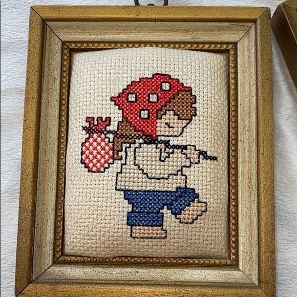 Vintage Finished Wooden Framed Embroidered Cross Stitch Girl Camping Set of Two - Picture 2 of 7